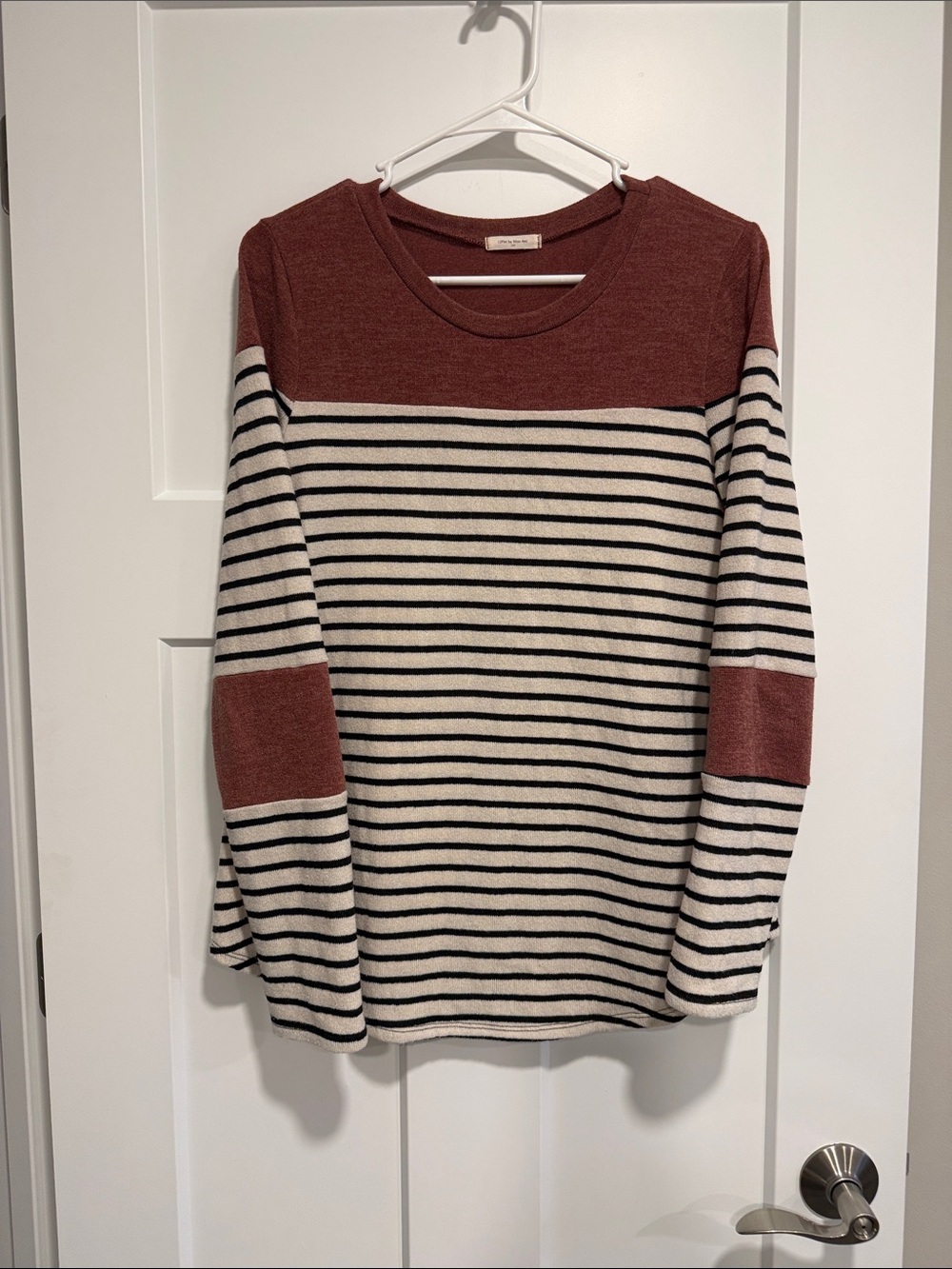 12PM by Mon Ami Striped Colorblock Sweater Brown Cream Black Long Sleeve